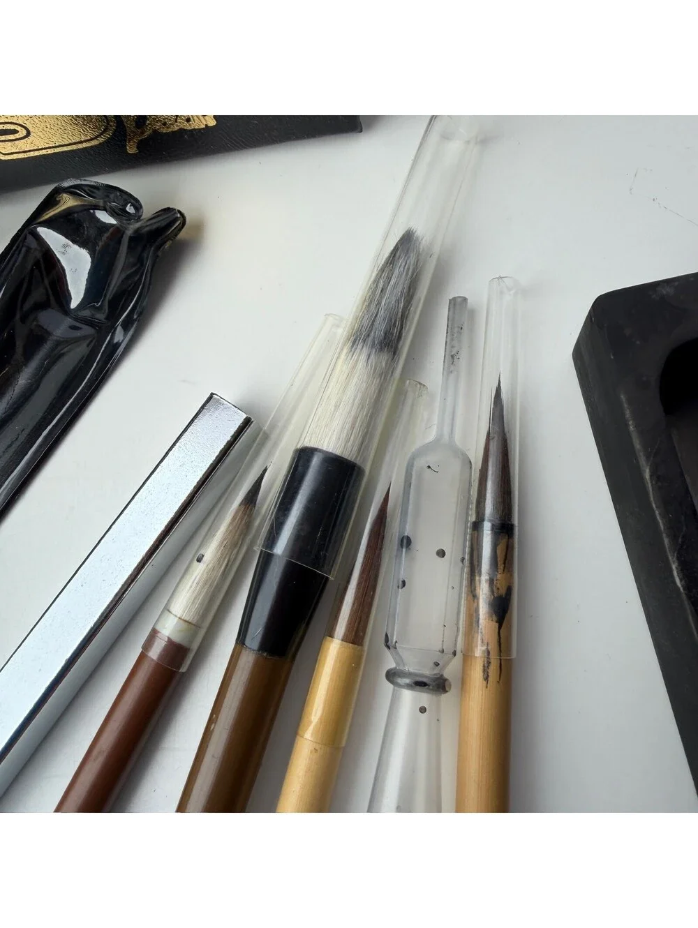 Vintage Calligraphy Set with Ink Stone, Ink Stick, 4‎ Brushes & Case - B-9